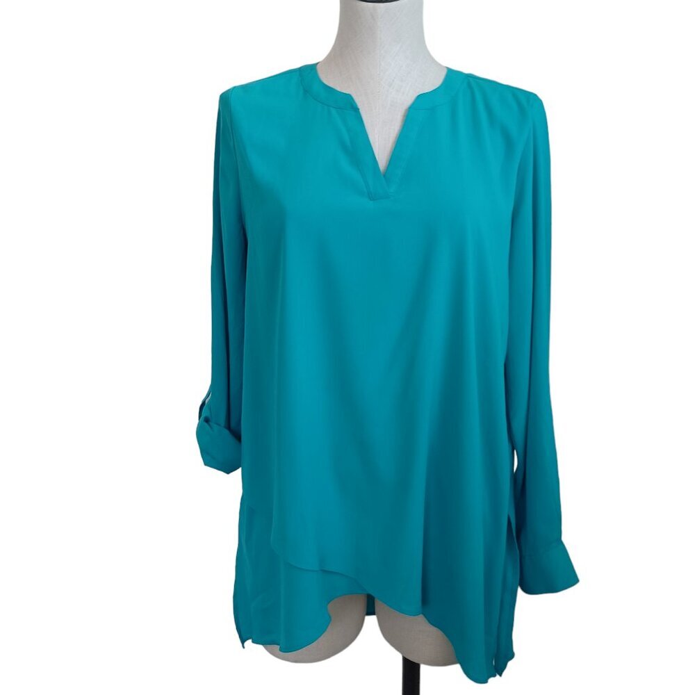 Susan Graver Teal Blue Liquid Knit Roll Tab Asymmetric Tunic Top 8P